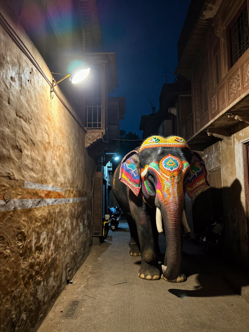 Late Night Delhi Street Scene with Colorful Painted Elephant Facade and Tin Box in in Delhi, India