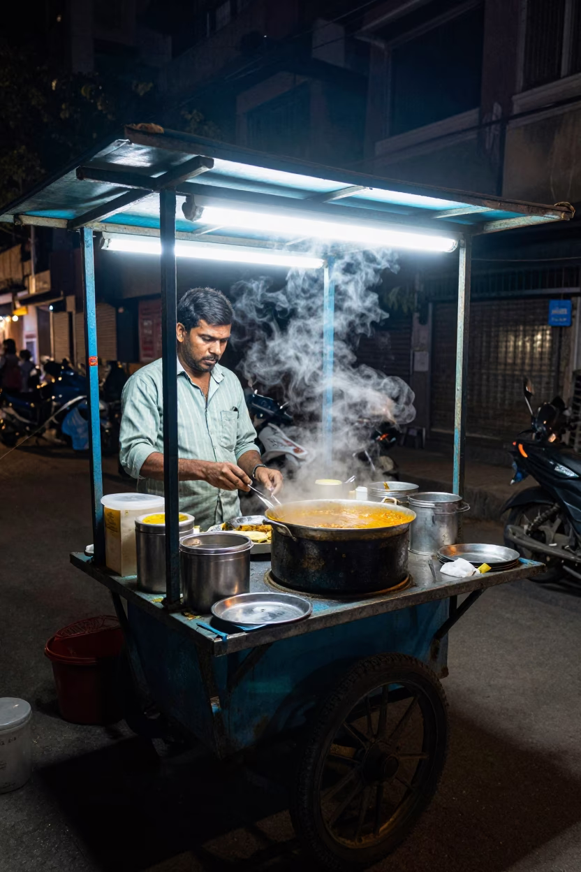 Late Night Delhi Street Scene with Food Vendor and Colorful Lights in in Delhi, India