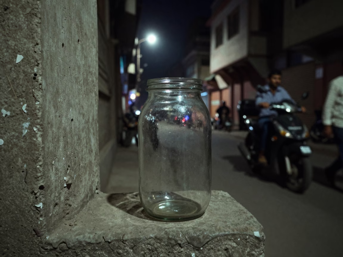 Late Night Delhi Street Scene with Glass Jar and Bar Soap in Urban Alley in in Delhi, India