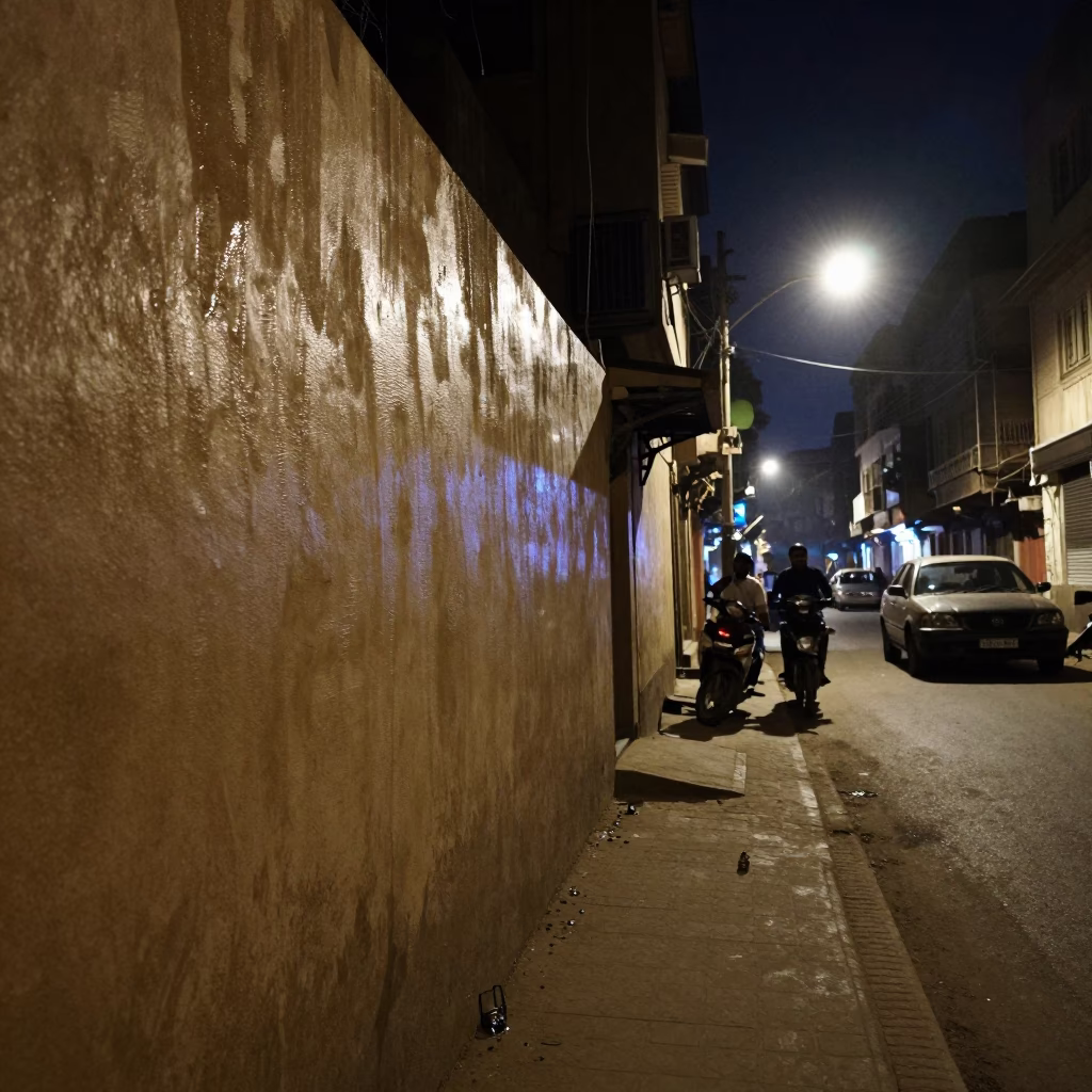 Late Night Delhi Street Scene with Grease Stained Wall and Metal Bucket in in Delhi, India