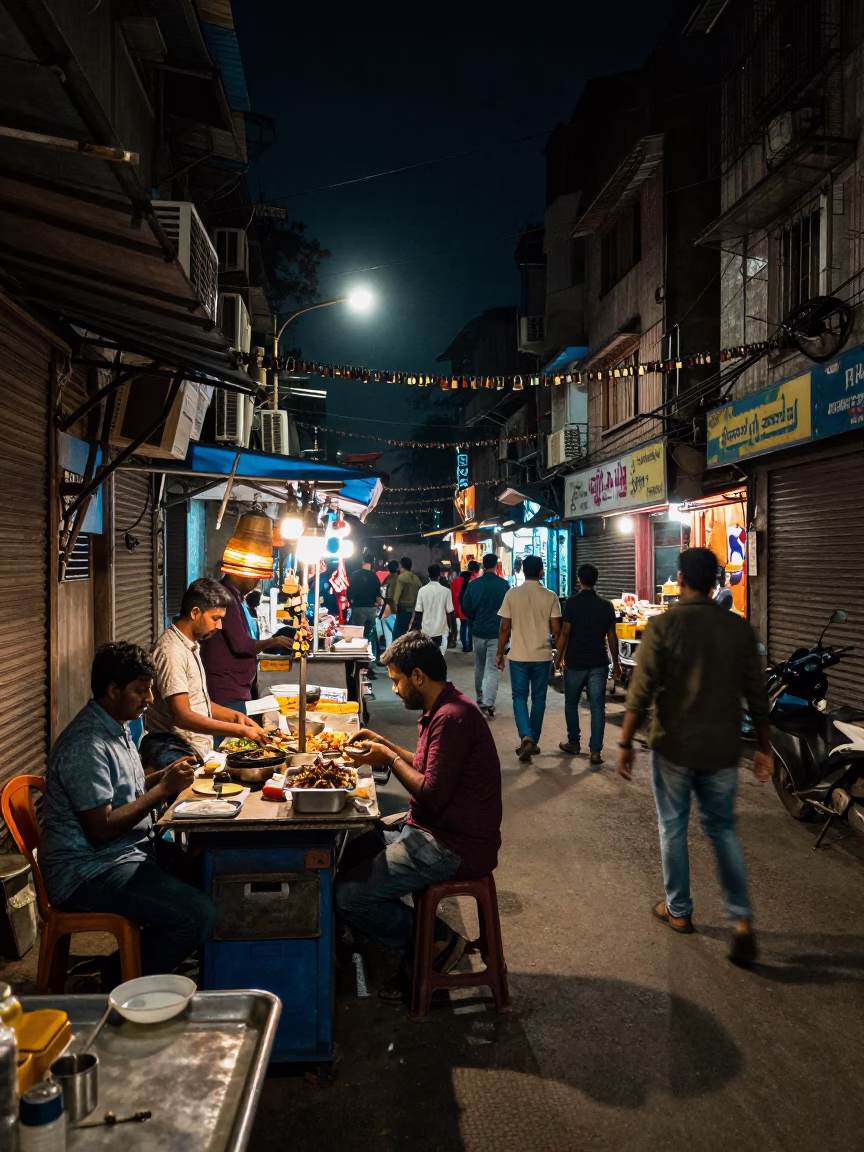 Late Night Delhi Street Scene with Hanging Padlocks and Colorful Lanterns in in Delhi, India