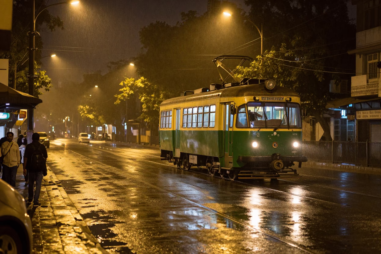 Late Night Delhi Street Scene with Heritage Tram and Night Market Activity in in Delhi, India