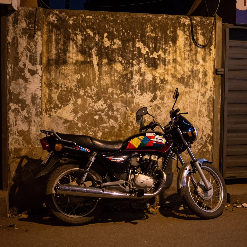Late Night Delhi Street Scene with Motorcycle and Quilt Reflections in in Delhi, India
