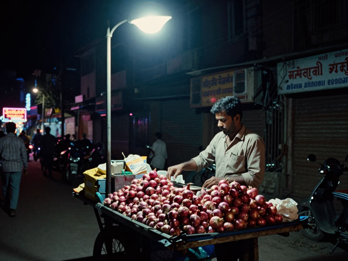 Late Night Delhi Street Scene with Neon Lights and Local Market Goods in in Delhi, India
