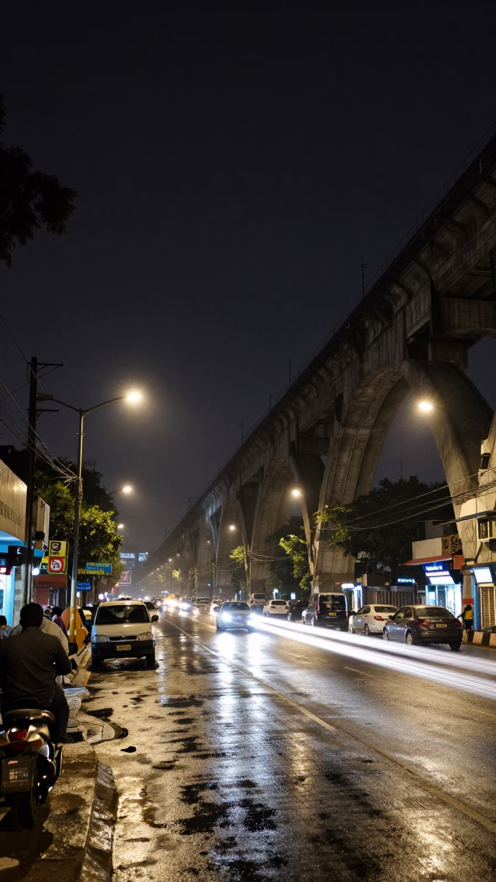 Late Night Delhi Street Scene with Railway Viaduct and Car Headlight Trails in in Delhi, India