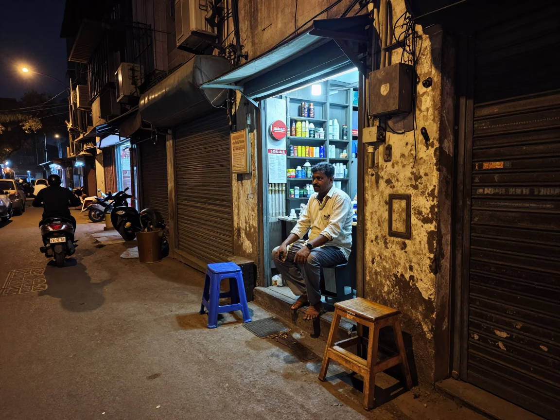 Late Night Delhi Street Scene with Step Stool and Fruit Knife in Realistic Photograph in in Delhi, India