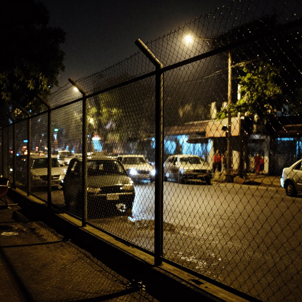 Late Night Delhi Street Scene with Substation Fence and Warning Placards in 1980s India in in Delhi, India