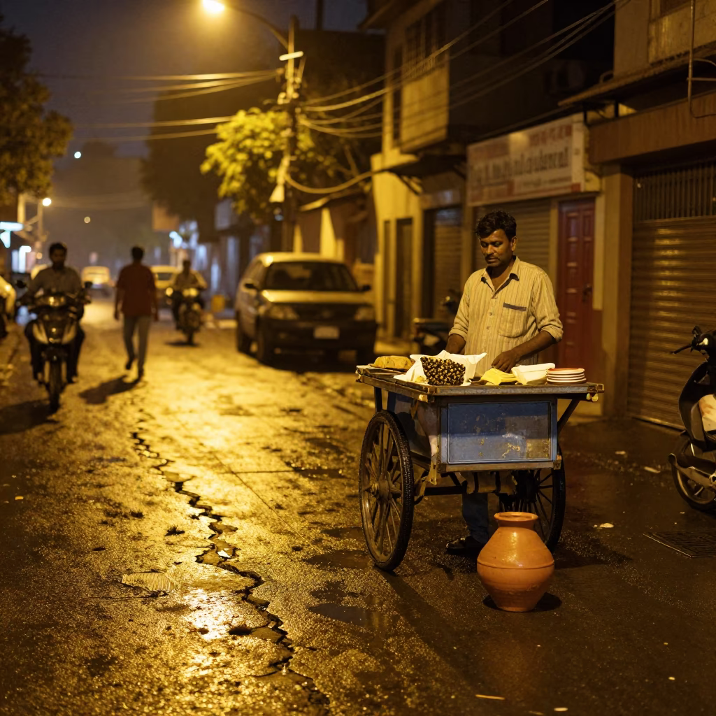 Late Night Delhi Street Scene with Terracotta Pot and Rainy Atmosphere in in Delhi, India