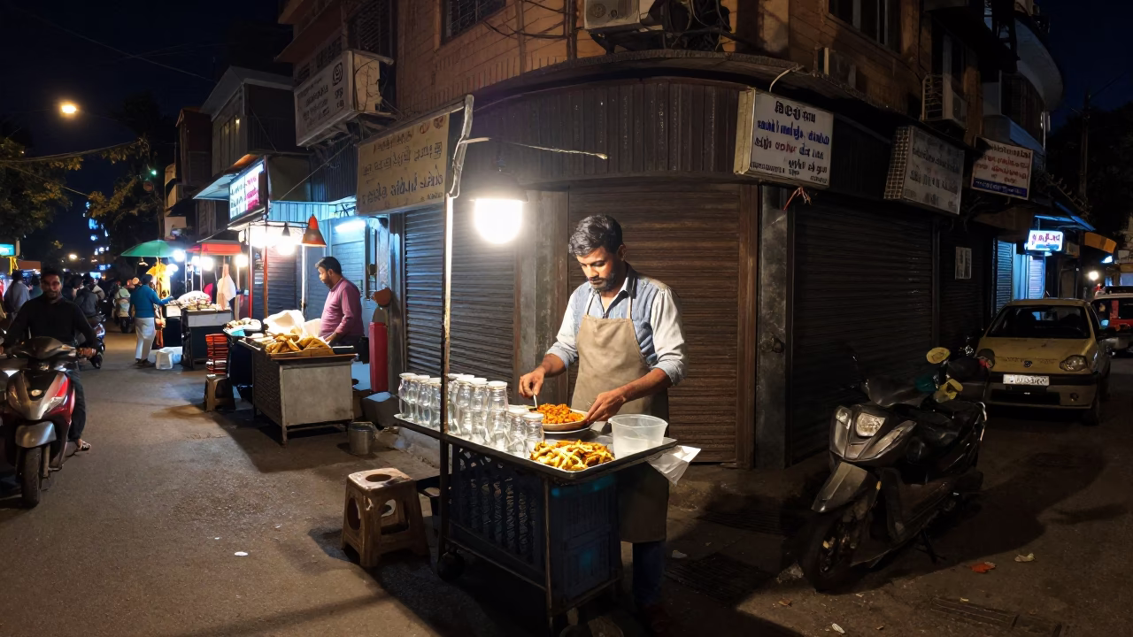 Late Night Delhi Street Scene with Vendor and Glassware in in Delhi, India