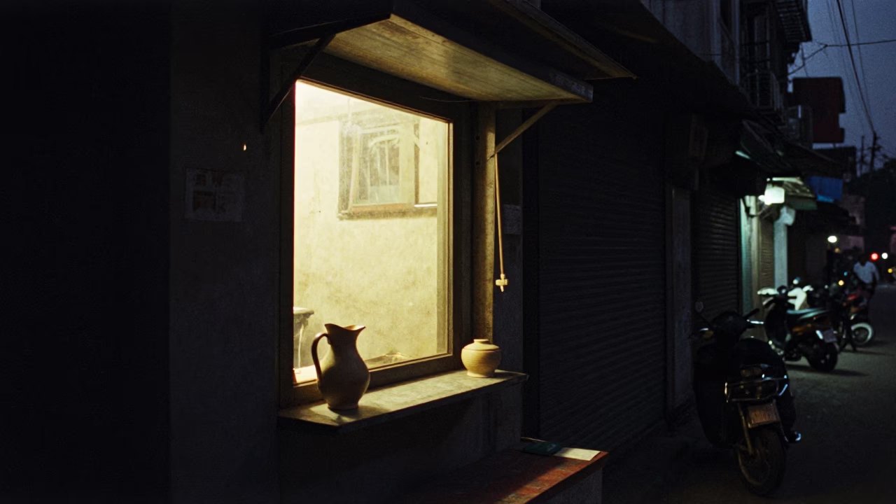 Late Night Delhi Street Scene with Warm Window Light and Pitcher Handle in in Delhi, India