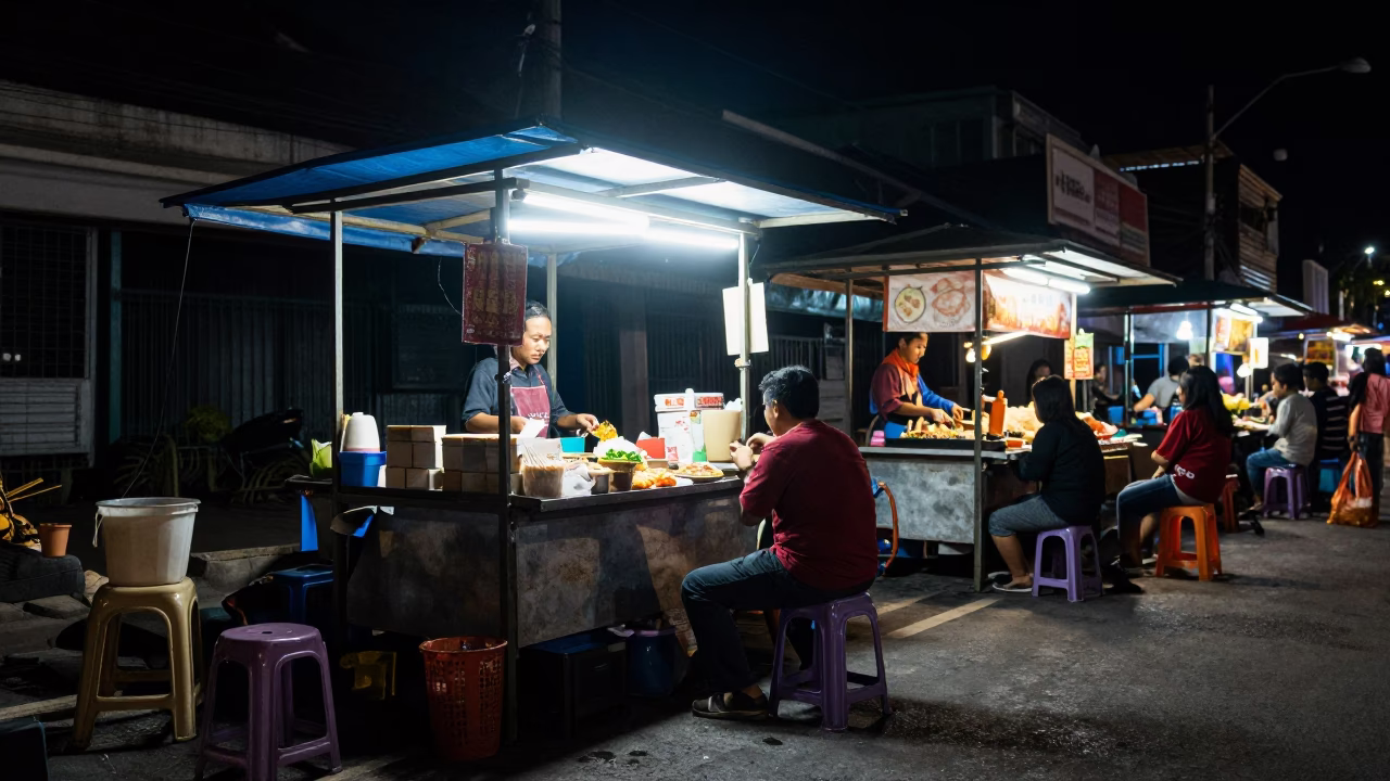 Late Night Denpasar Street Scene with Local Food and Urban Details in in Denpasar, Indonesia