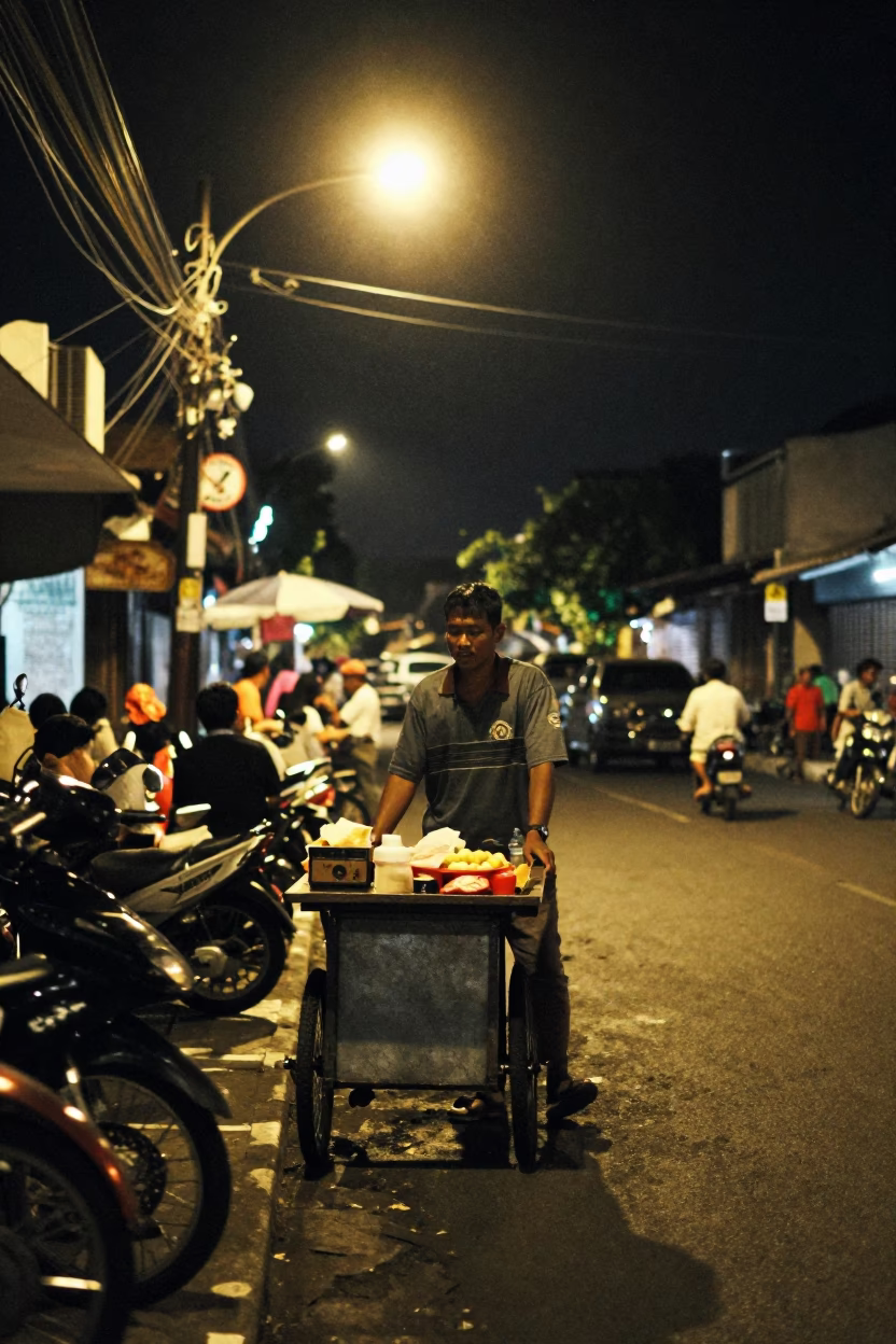 Late Night Denpasar Street Scene with Local Vendor and Neon Reflections in in Denpasar, Indonesia