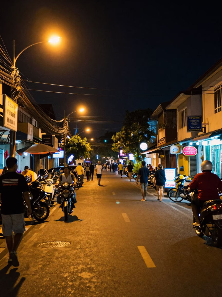 Late Night Denpasar Street Scene with Mangrove Channel and Busy Local Life in in Denpasar, Indonesia