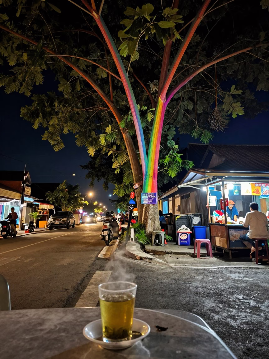 Late Night Denpasar Street Scene with Rainbow Eucalyptus and Local Market Activity in in Denpasar, Indonesia