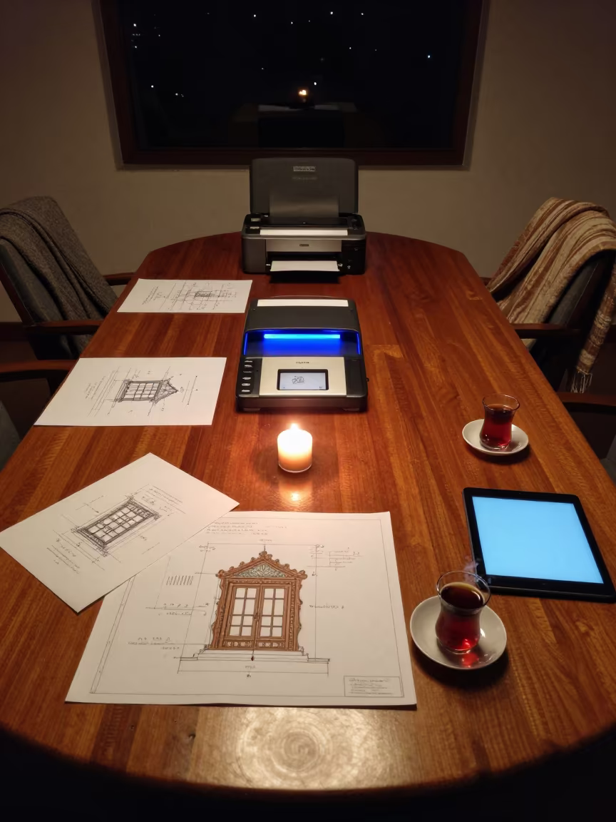 Late Night Design Review Srinagar Boardroom in at a boardroom table before a meeting in Srinagar