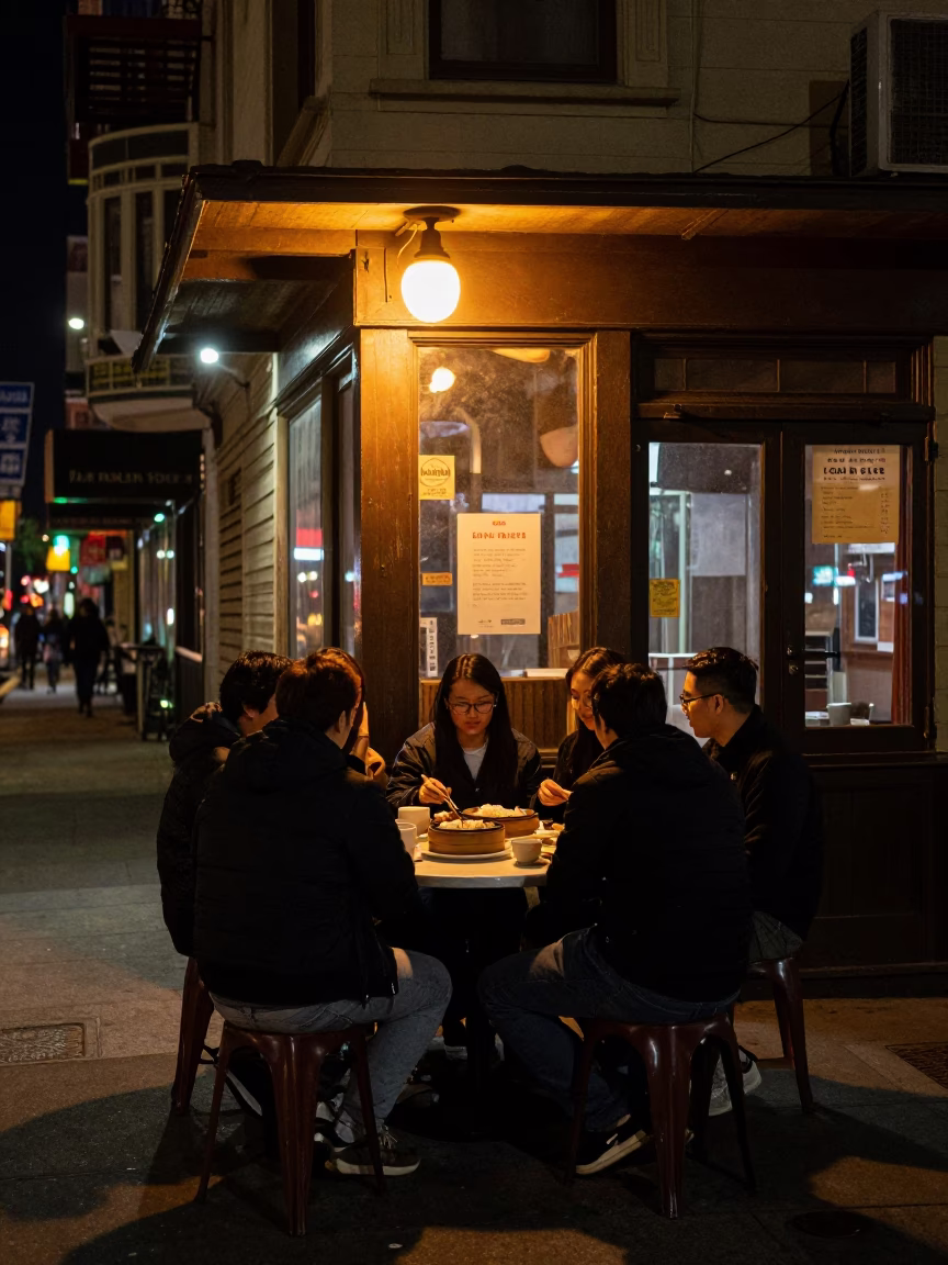 Late Night Dim Sum Feast on San Francisco Street Corner at Night in in San Francisco, California, United States
