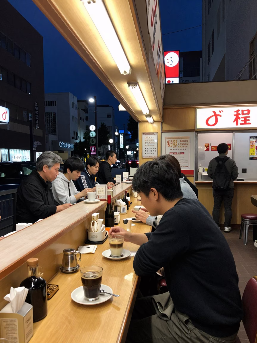 Late Night Diner in Fukuoka Japan Midnight Scene with Coffee and Condensation in in Fukuoka, Japan