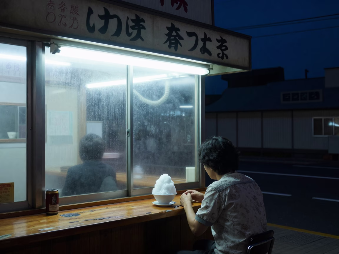 Late Night Diner in Fukuoka Japan with Bowl of Shaved Ice and Ceramic Tiles in in Fukuoka, Japan