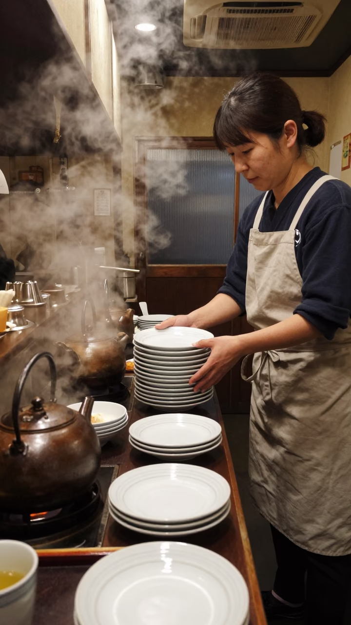 Late Night Diner Interior in Fukuoka Japan with Ceramic Plates and Grease Sheen in in Fukuoka, Japan