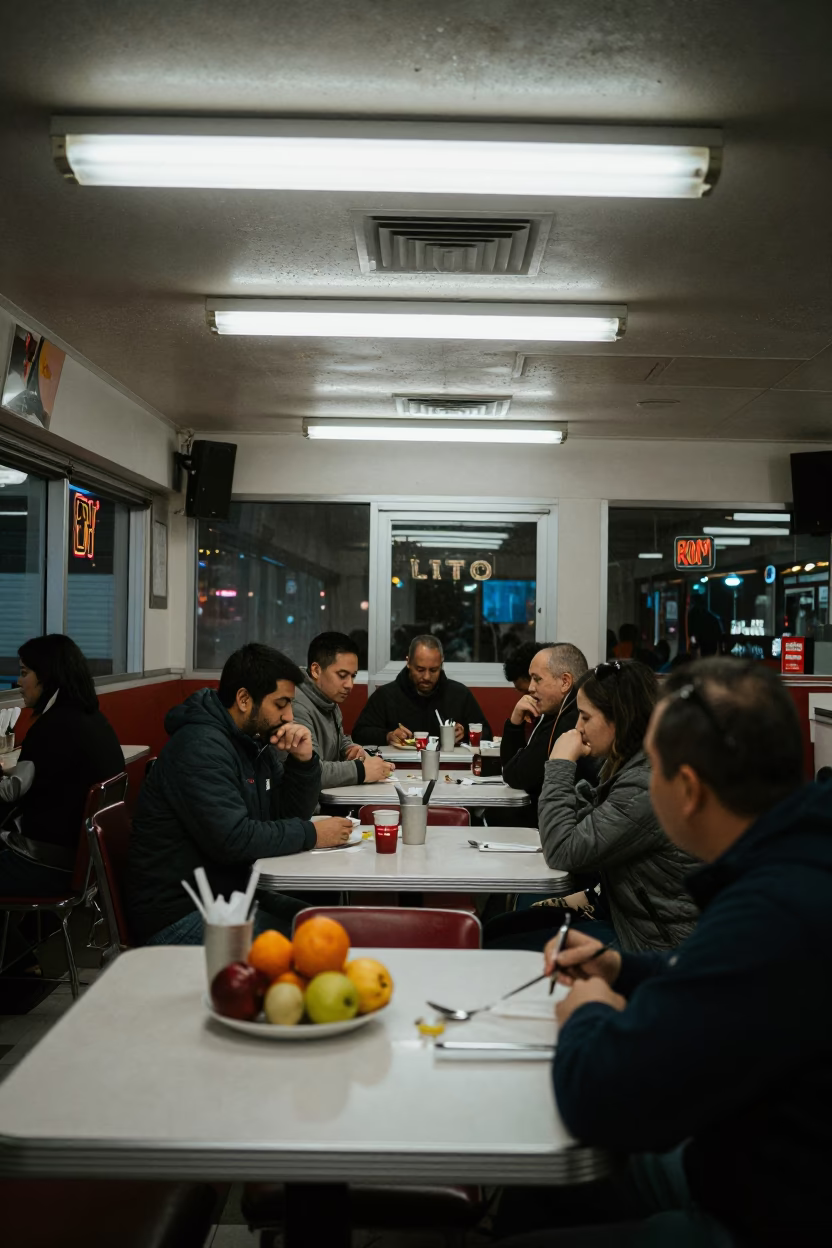 Late Night Diner Interior in Portland Oregon with Cutlery and Fruit Bowl in in Portland, Oregon, United States