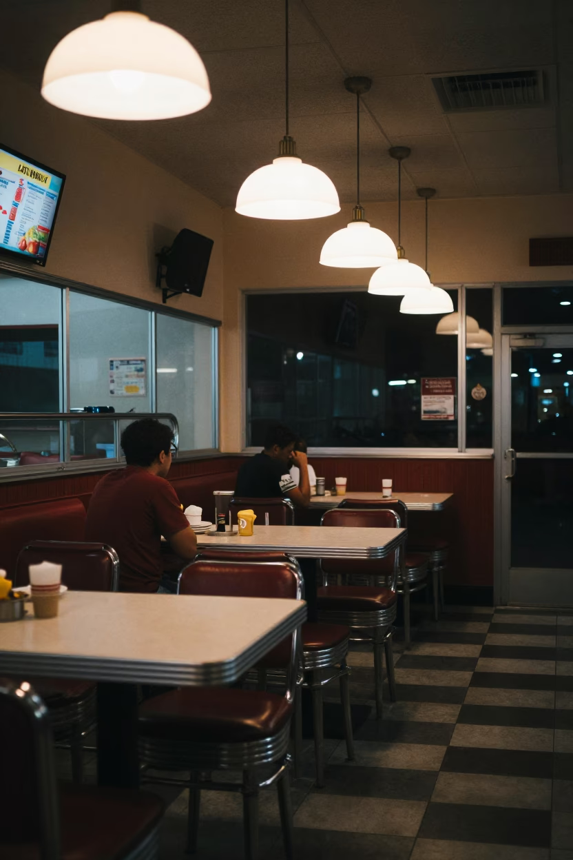 Late Night Diner Interior in San Diego California with Bar Stools and Coffee Mug in in San Diego, California, United States