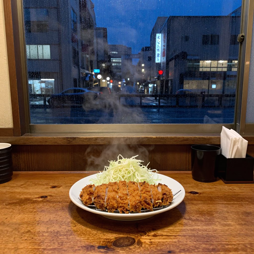 Late Night Diner Interior in Sapporo Japan with Tonkatsu and City View in in Sapporo, Japan