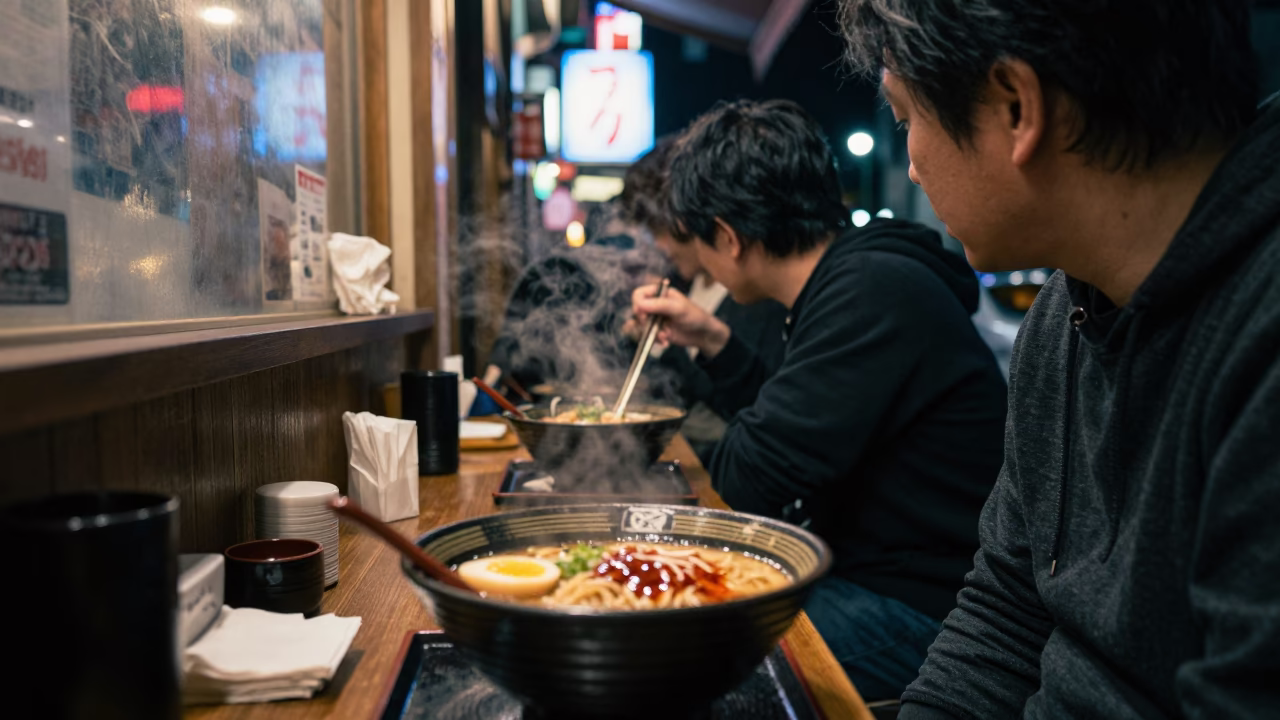 Late Night Diner Scene in Fukuoka Japan with Tantanmen Ramen Bowl and Ceramic Mug in in Fukuoka, Japan
