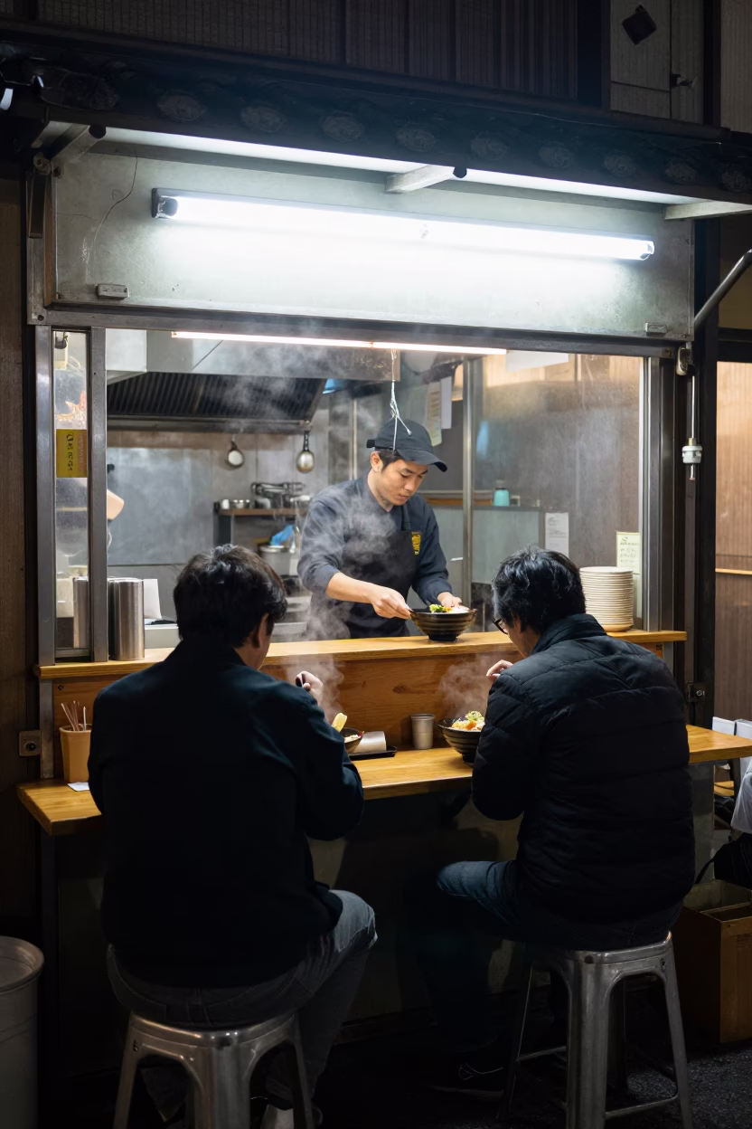 Late Night Diners Enjoying Yatai Food and Metal Stools in Fukuoka Japan in in Fukuoka, Japan