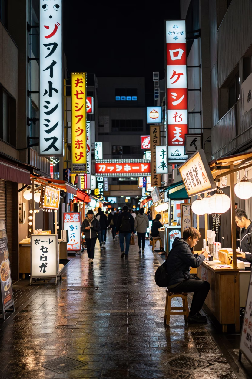 Late Night Dotonbori Street Food Scene with Tantanmen Ramen and Neon Reflections in Osaka in in Osaka, Japan