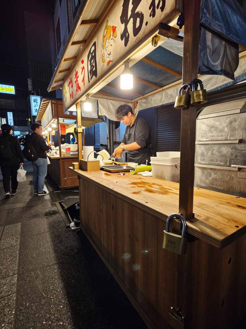 Late Night Dotonbori Street Food Stall with Padlock and Neon Lights in Fukuoka Japan in in Fukuoka, Japan