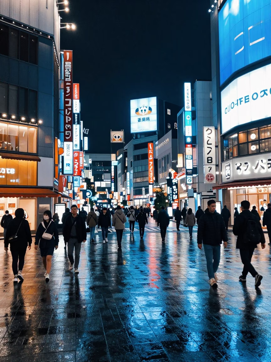 Late Night Dotonbori Street Scene with Neon Reflections and Sushi Vendor in Osaka Japan in in Osaka, Japan