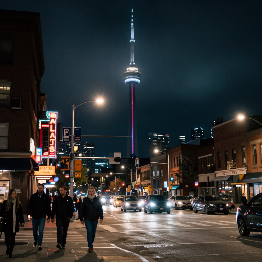 Late Night Downtown Toronto Street Scene with Neon Signs and Wet Pavement Reflections in in Toronto, Ontario, Canada