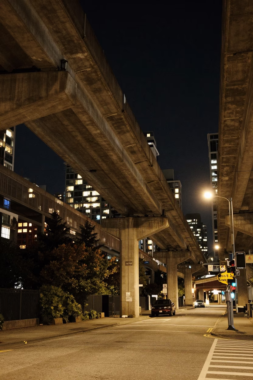 Late Night Downtown Vancouver Street Scene with Flyover Shadows and Madrone Tree in in Vancouver, British Columbia, Canada