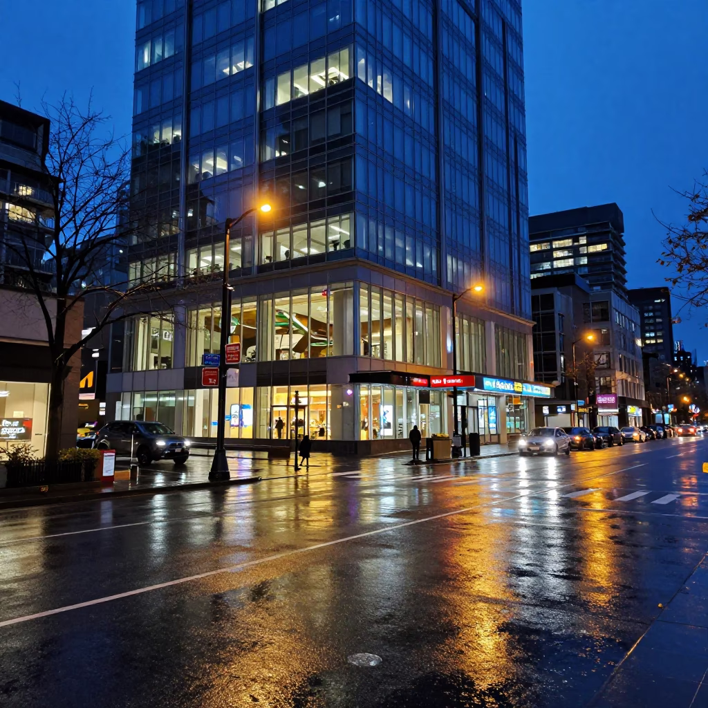 Late Night Downtown Vancouver Street Scene with Glass Building Reflections in in Vancouver, British Columbia, Canada