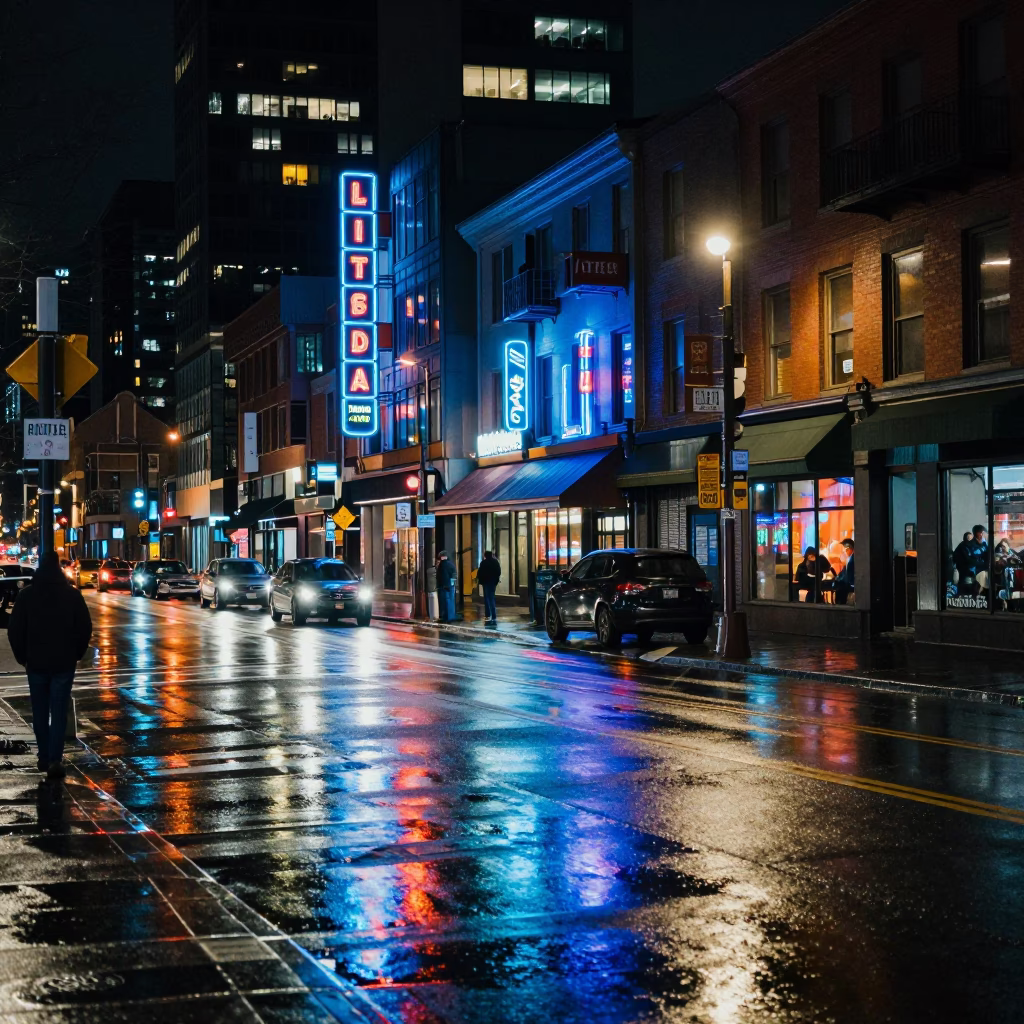 Late Night Downtown Vancouver Street Scene with Neon Reflections and City Life in in Vancouver, British Columbia, Canada