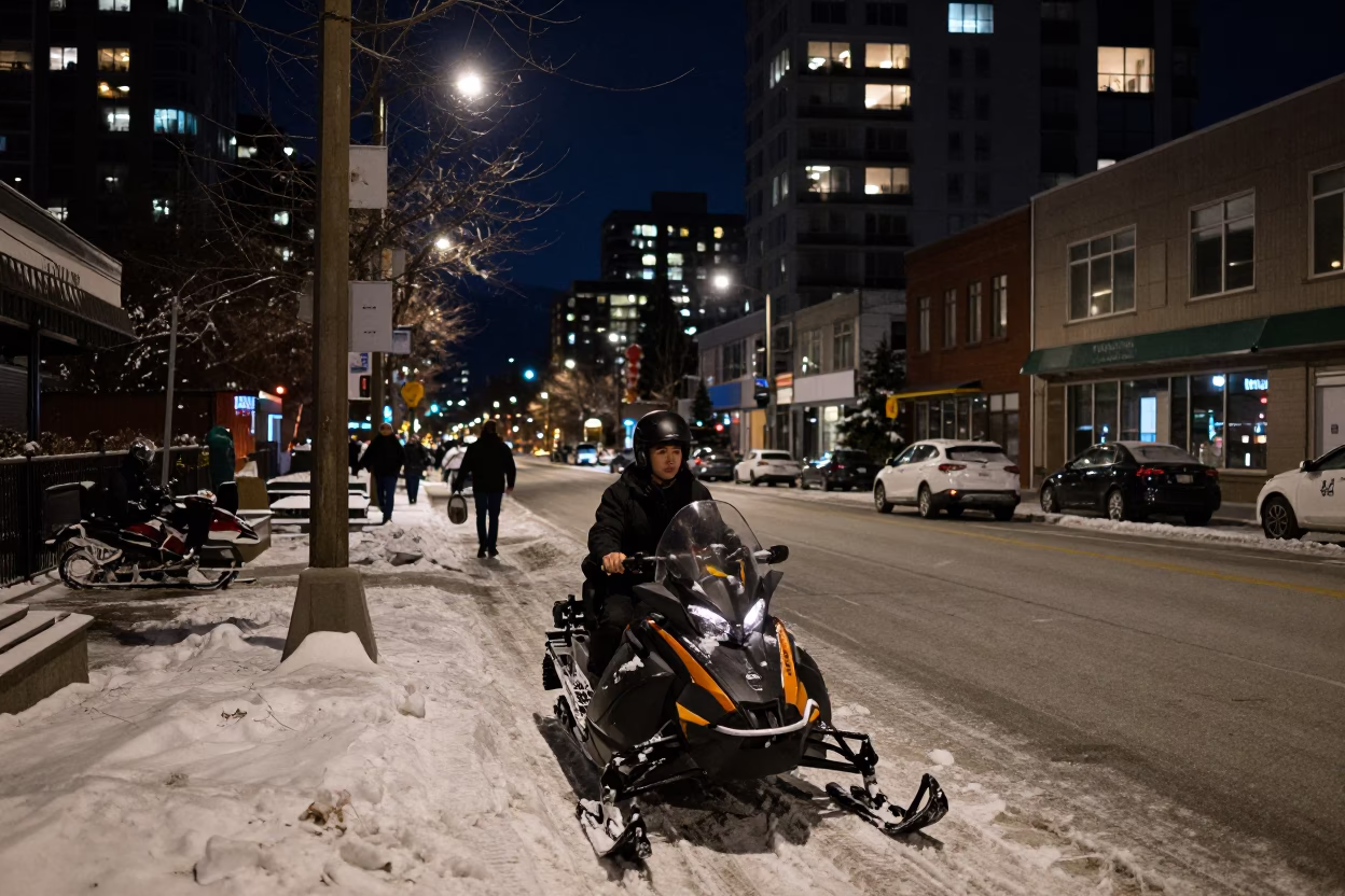 Late Night Downtown Vancouver Street Scene with Snowmobile and City Lights in in Vancouver, British Columbia, Canada