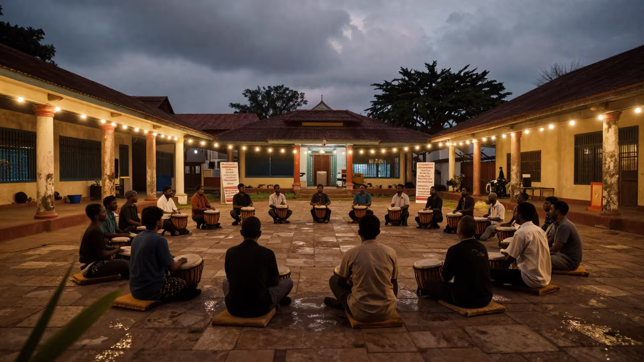 Late Night Drum Circle Warmup in Lokoja Temple Courtyard in in a temple courtyard near Lokoja