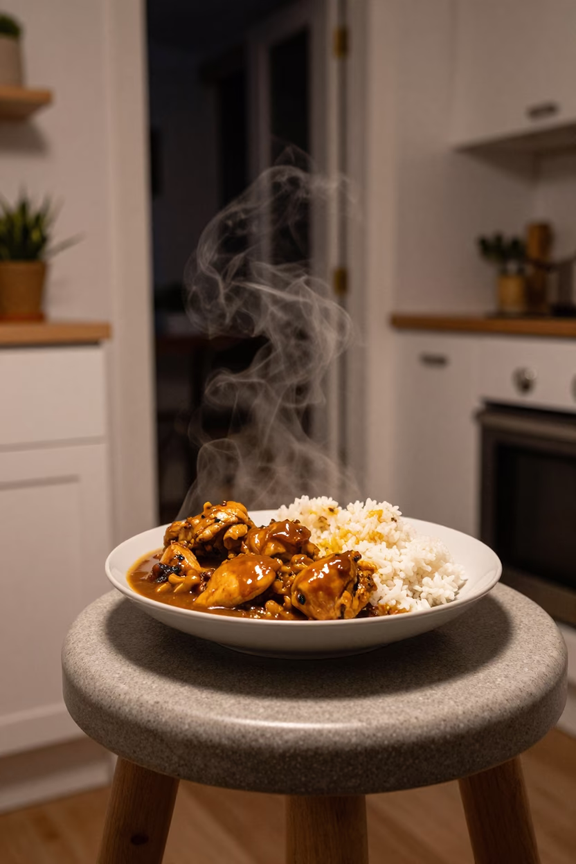 Late Night Dublin Kitchen Scene with Stool and Speckled Stoneware Dishes in in Dublin, Ireland