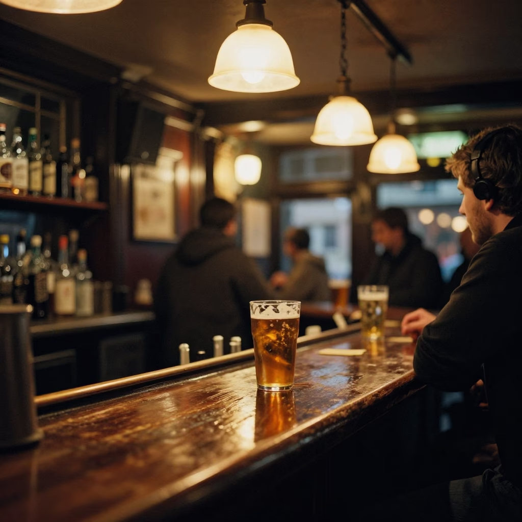 Late Night Dublin Pub Counter with Pint Glass and Coaster Amidst Dimly Lit Interior in in Dublin, Ireland