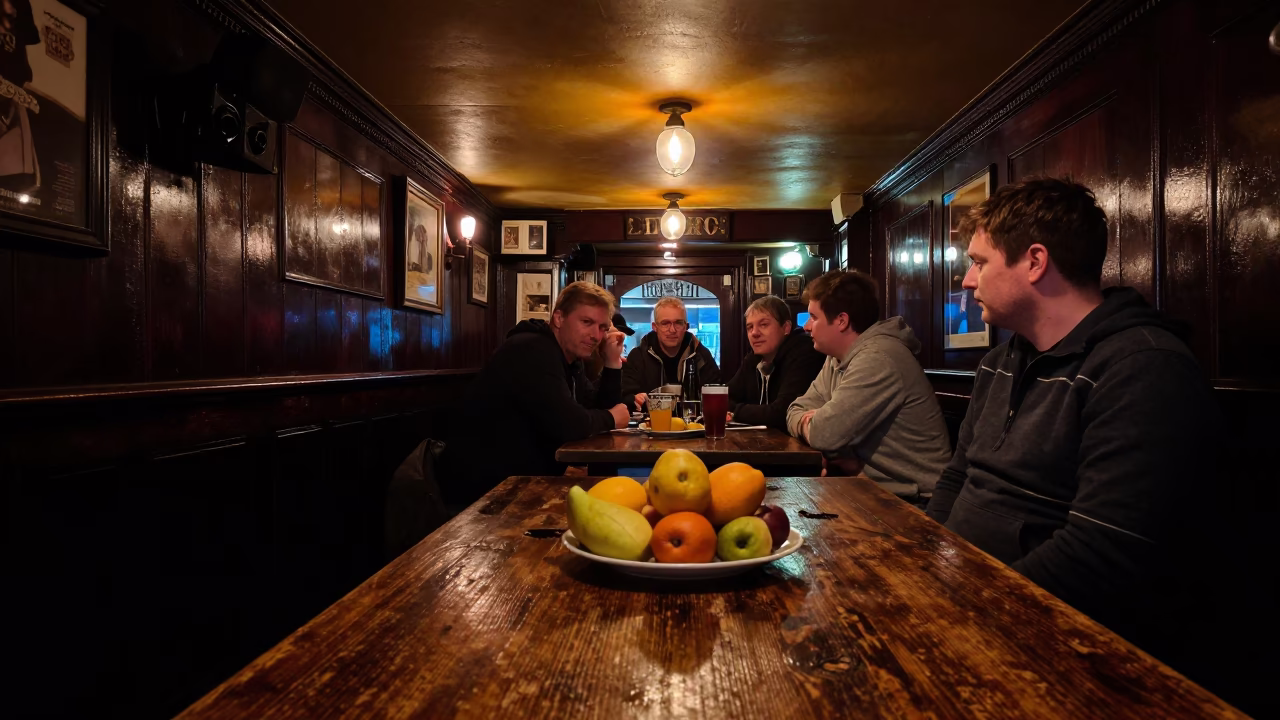 Late Night Dublin Pub Interior with Fruit Plate and Vintage Decor in in Dublin, Ireland