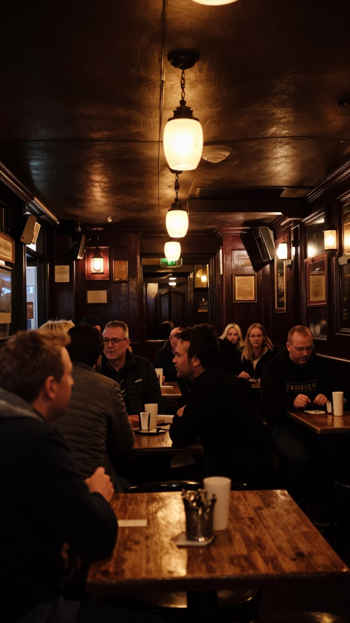 Late Night Dublin Pub Interior with Patrons and Traditional Decor in in Dublin, Ireland