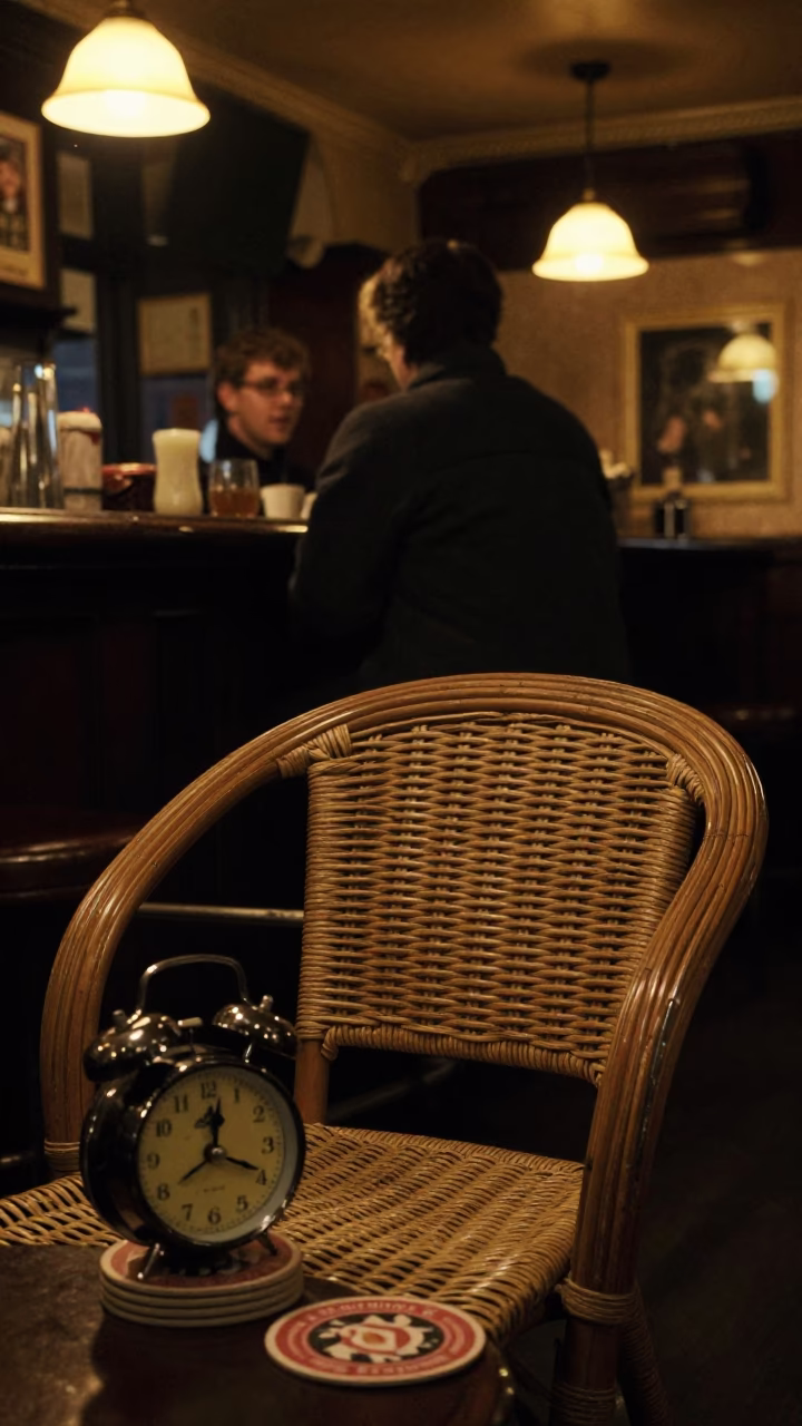Late Night Dublin Pub Interior with Rattan Chair and Alarm Clock on Table in in Dublin, Ireland