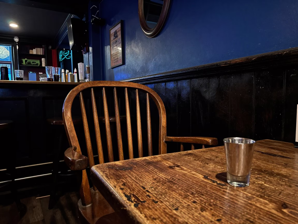 Late Night Dublin Pub Interior with Spindle Chair and Thermos Under Deep Night Sky in in Dublin, Ireland