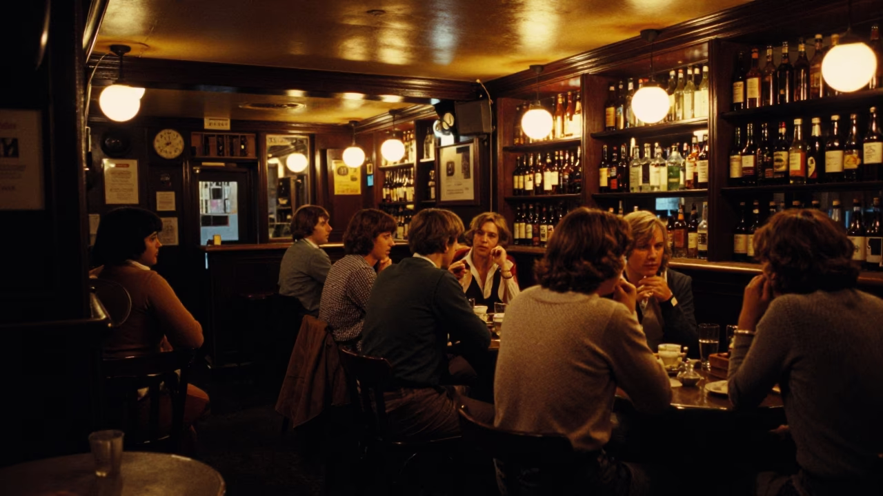 Late Night Dublin Pub Interior with Vintage 1970s Atmosphere and Local Patrons in in Dublin, Ireland