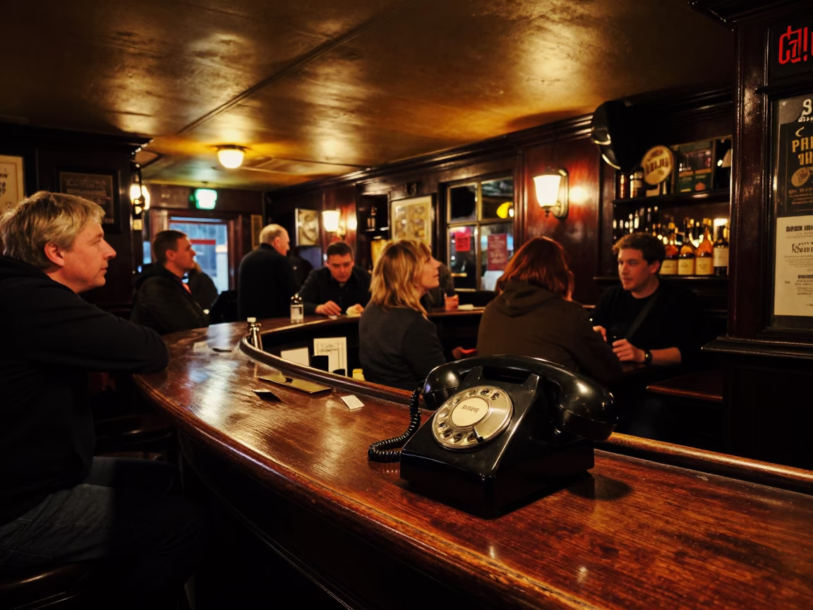 Late Night Dublin Pub Interior with Vintage Bakelite Telephone and Patrons in in Dublin, Ireland