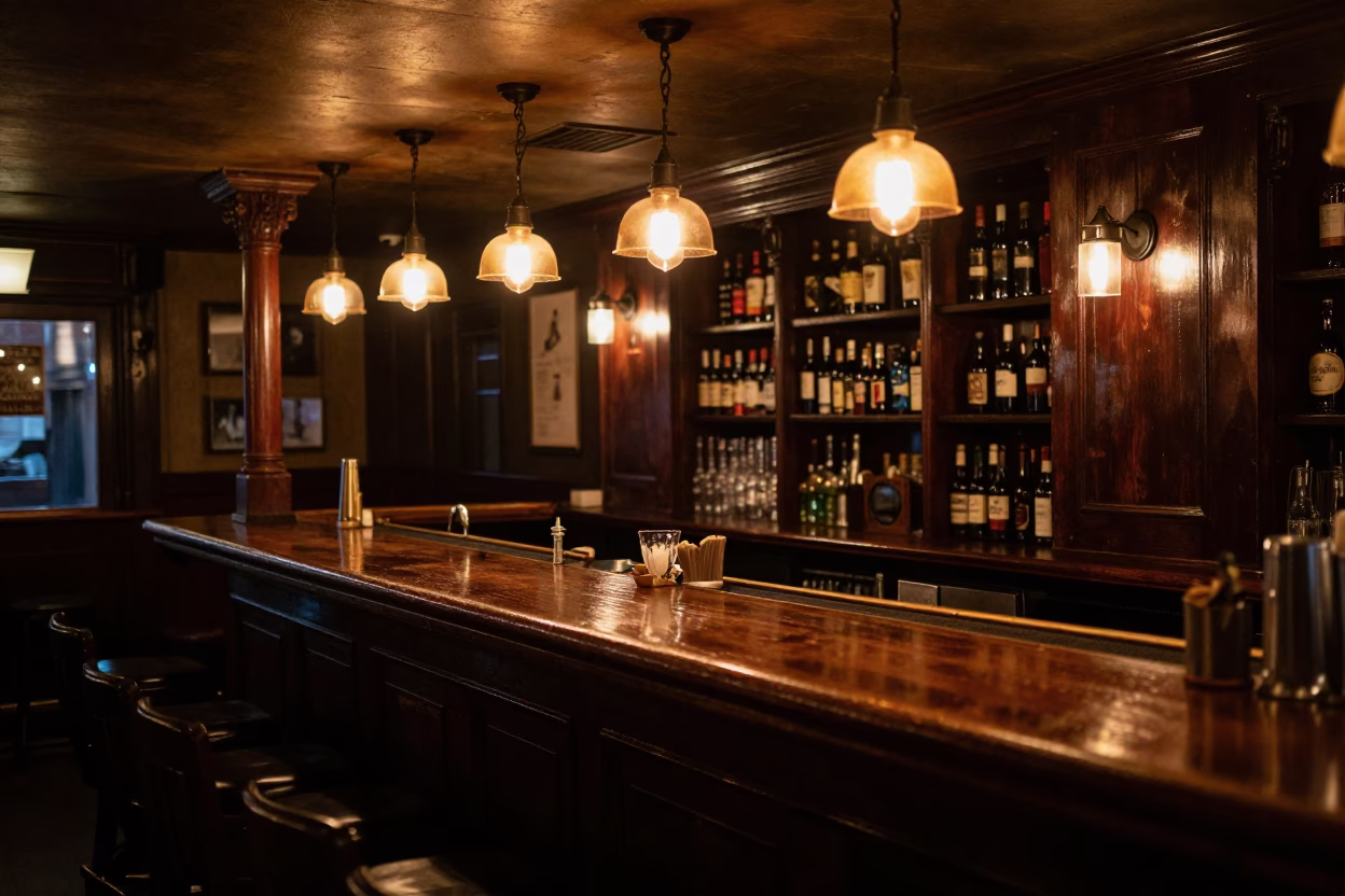 Late Night Dublin Pub Interior with Wooden Bar and Dim Lighting in in Dublin, Ireland