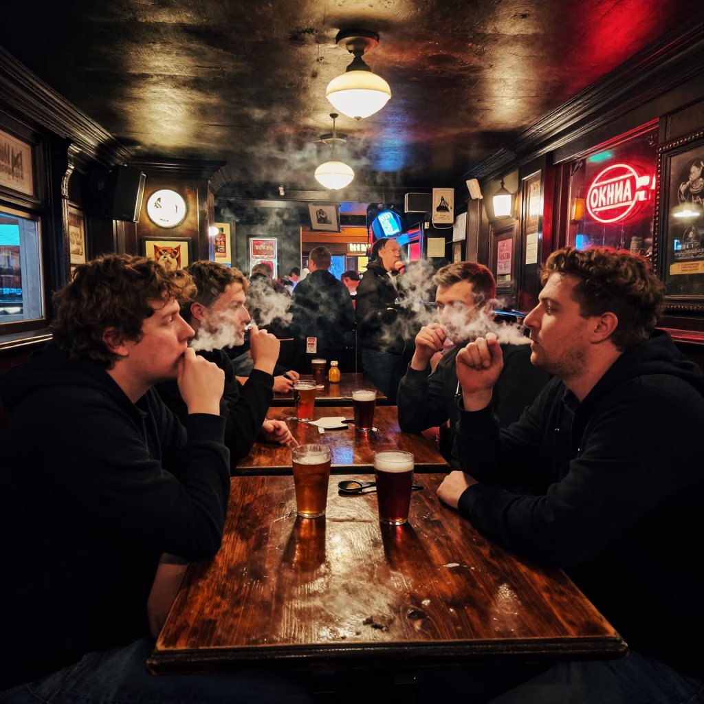 Late Night Dublin Pub Scene with Tart Tin and Lantern in Fog in in Dublin, Ireland