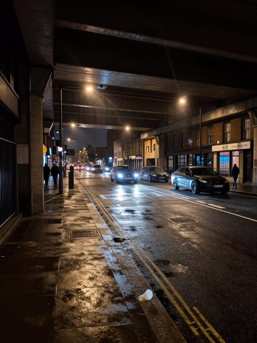 Late Night Dublin Street Scene Under Flyover With Condensation And Urban Shadows in in Dublin, Ireland