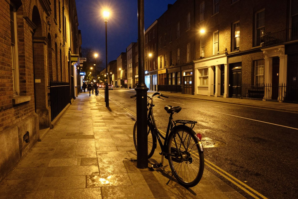 Late Night Dublin Street Scene with Bicycle and Urban Architecture in in Dublin, Ireland