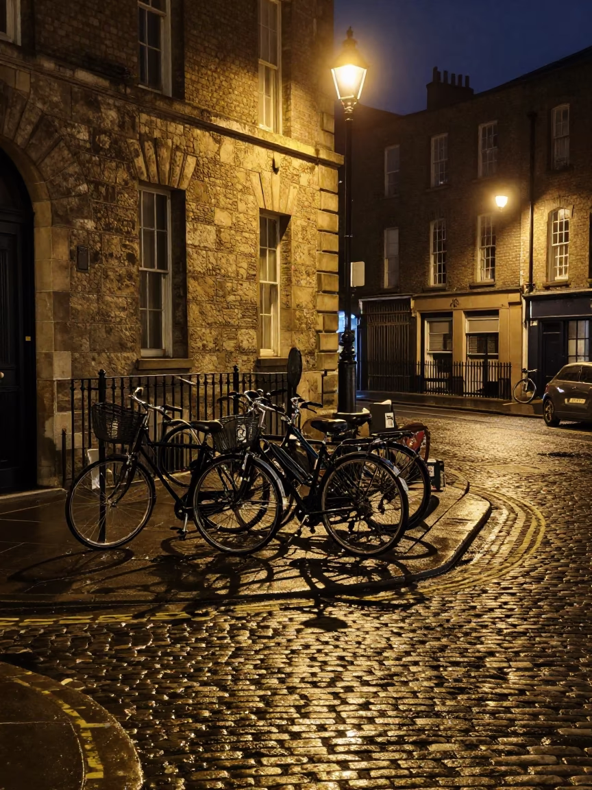 Late Night Dublin Street Scene with Bicycle Rack and Red Brick Architecture in in Dublin, Ireland